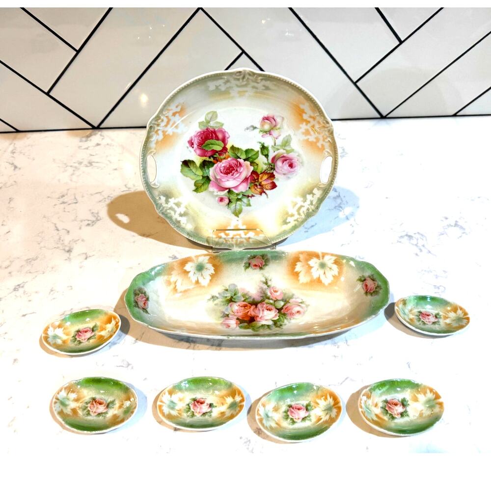 antique floral porcelain set features hand-painted cabbage rose design set of 8